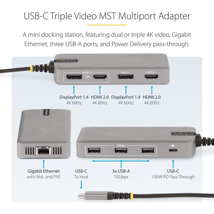 Adaptateur multiport triple moniteur USB-C Startech, double 4k 30hz + 4k 60hz Hdmi & D