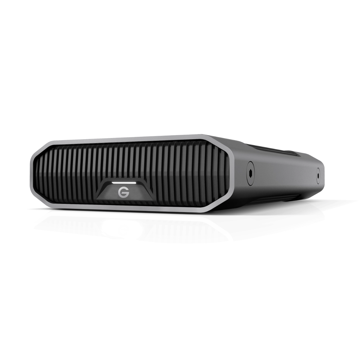 Gray G-DRIVE external hard drive viewed from the front and angled to the left