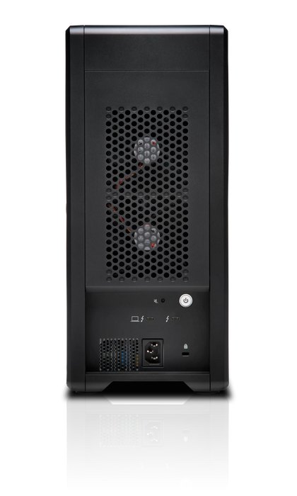 Black G-RAID Shuttle 8 viewed from the back with the power button, power port and two USB-C ports