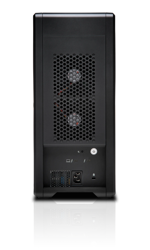 G-RAID Shuttle 8 noir vu de dos avec le bouton d’alimentation, le port d’alimentation et deux ports USB-C