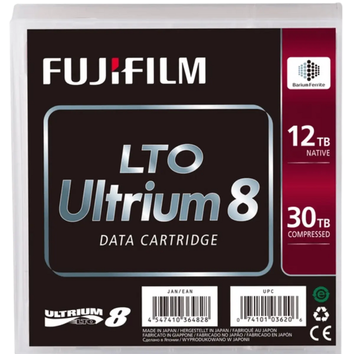 Fujifilm LTO Ultrium 8 data cartridge tape view of the front of the case