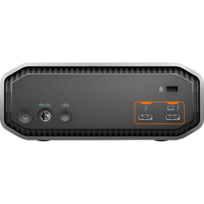 G-DRIVE PROJECT external desktop drive back view showing power button, 19v DC port, LED button and 2 USB-C alimentation ports