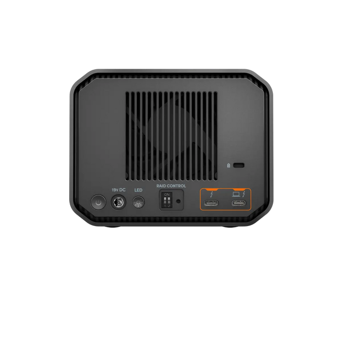 G-RAID Mirror back view showing the power button, the 19V DC port, LED button, RAID CONTROL toggles and the 2 alimentation ports