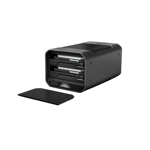 G-RAID Mirror angled to the left with a opened front showing the interior bays