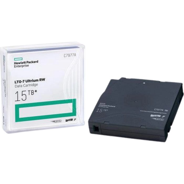 HPE LTO-7 Ultrium RW case standing up on the left and tape cartridge laying on the right