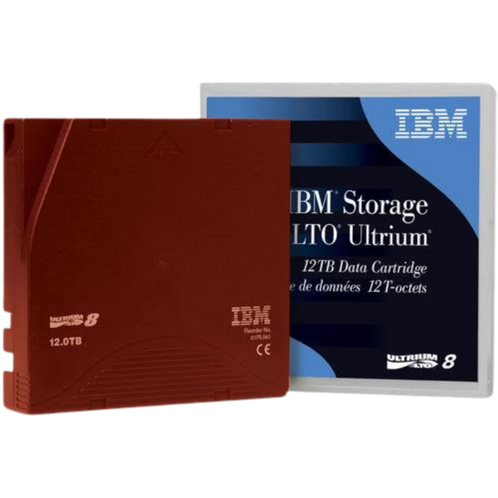 IBM LTO Ultrium 8 case standing on the right and tape standing on the left in front of the case