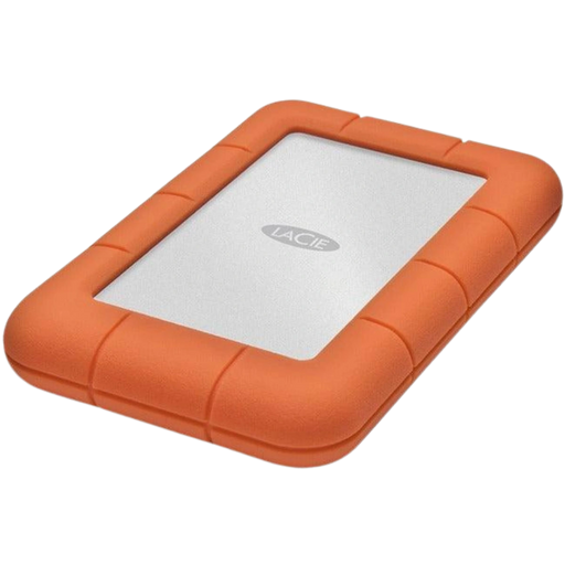 LaCie Rugged Mini Hard disk viewed from the front and angled to the bottom left