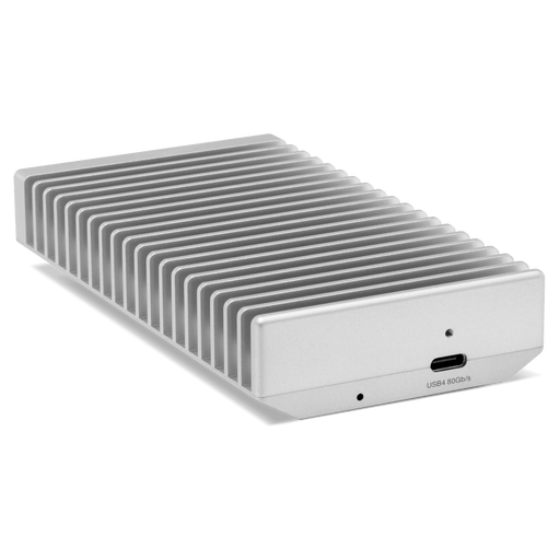 OWC Express 1M2 80G external SSD drive viewed from the back and angled to the right showing a USB4 80Gb/s port.