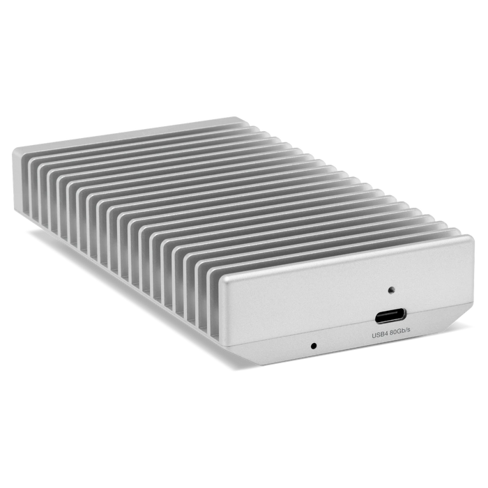 OWC Express 1M2 80G external SSD drive viewed from the back and angled to the right showing a USB4 80Gb/s port.