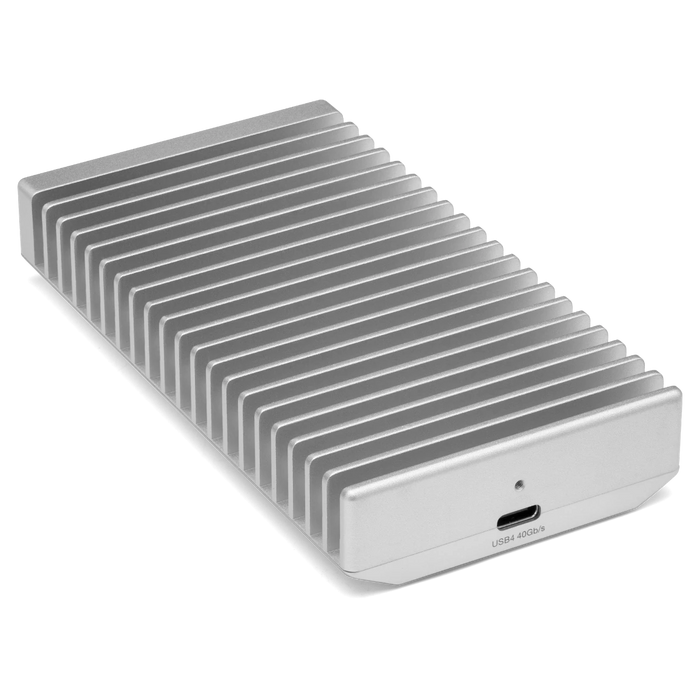 OWC Express 1M2 external SSD drive viewed from the back, angled to the right, showing USB4 40Gb/s port.
