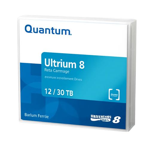 Boîtier Quantum LTO Ultrium 8 vu de face et orienté vers la gauche