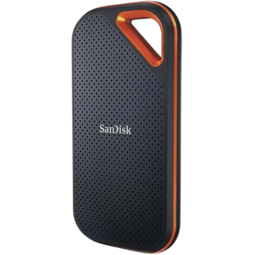 SanDisk Extreme Pro SSD portable vu de face et orienté vers la gauche