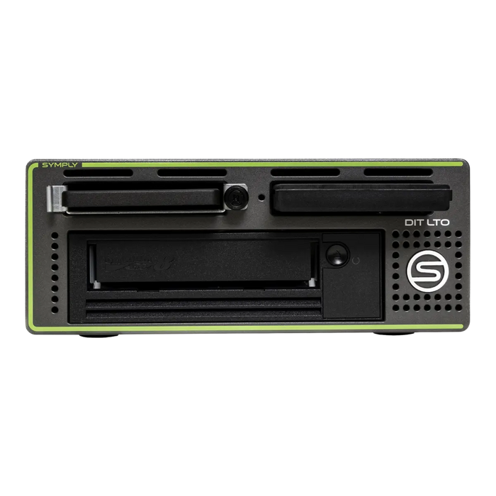 SymplyDIT Thunderbolt 3 LTO Desktop tape drive with SSD cards inserted in both bays and viewed from the front