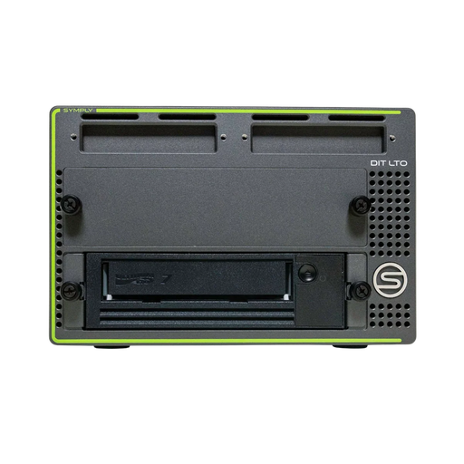 SymplyDIT XTH Thunderbolt 3 LTO tape drive with 1x LTO-7 drive in the bottom bay and viewed from the front