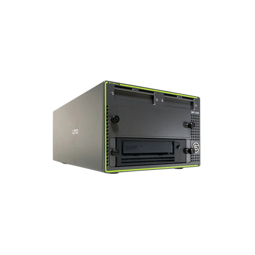 SymplyDIT XTH Thunderbolt 3 LTO tape drive with 1x LTO-7 drive in the bottom bay and viewed from the front and angled to the right