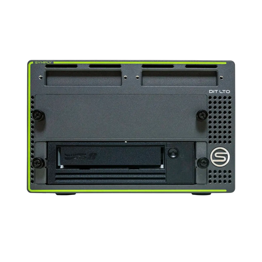 SymplyDIT XTH Thunderbolt 3 LTO tape drive with 1x LTO-8 drive in the bottom bay and viewed from the front