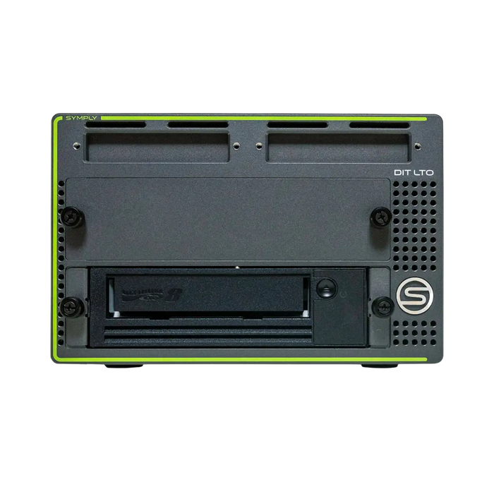 SymplyDIT XTH Thunderbolt 3 LTO tape drive with 1x LTO-8 drive in the bottom bay and viewed from the front