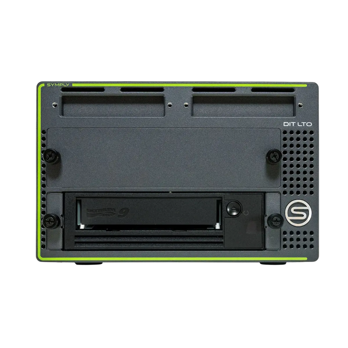 SymplyDIT XTH Thunderbolt 3 LTO tape drive with 1x LTO-9 drive in the bottom bay and viewed from the front