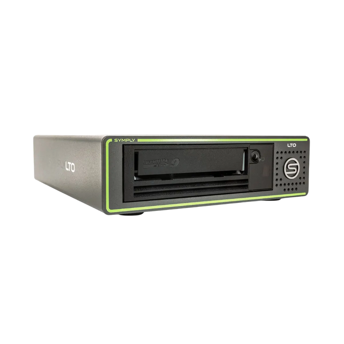 SymplyPRO SAS LTO-9 Lecteur de bande de bureau demi-hauteur vu de face et orienté vers la droite