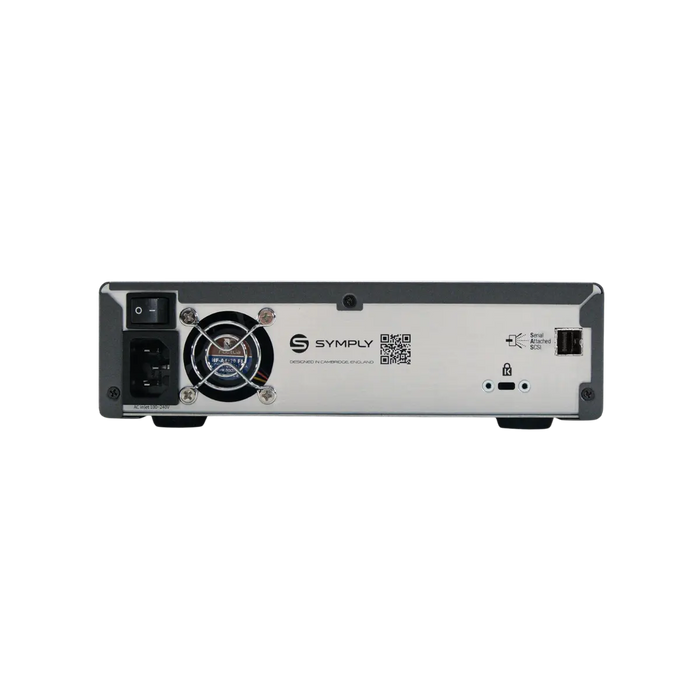 SymplyPRO SAS desktop LTO tape drive viewed from the rear, showing the power switch, alimentation port and SAS port