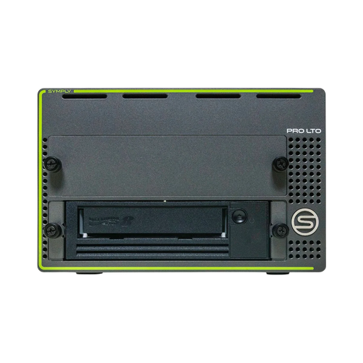 SymplyPRO XTH SAS noir et vert avec lecteur de bande LTO-8 dans la baie inférieure, vu de face