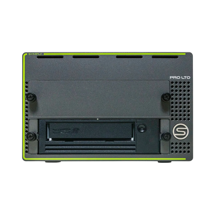 SymplyPRO XTH SAS noir et vert avec lecteur de bande LTO-8 dans la baie inférieure, vu de face
