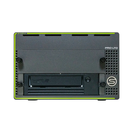 SymplyPRO XTH Thunderbolt black and green viewed from the front with a LTO-8 in the bottom bay