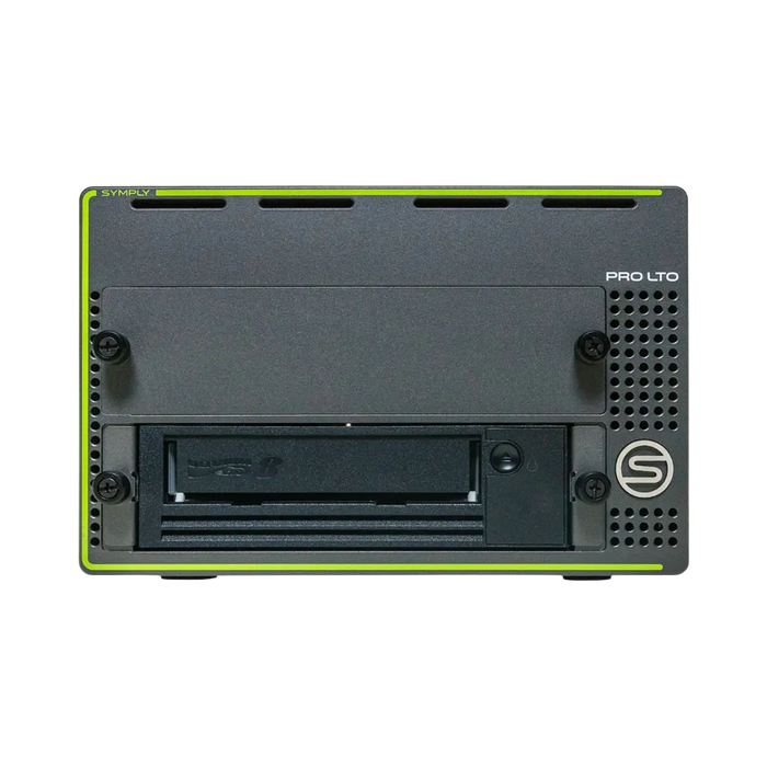 SymplyPRO XTH Thunderbolt black and green viewed from the front with a LTO-8 in the bottom bay