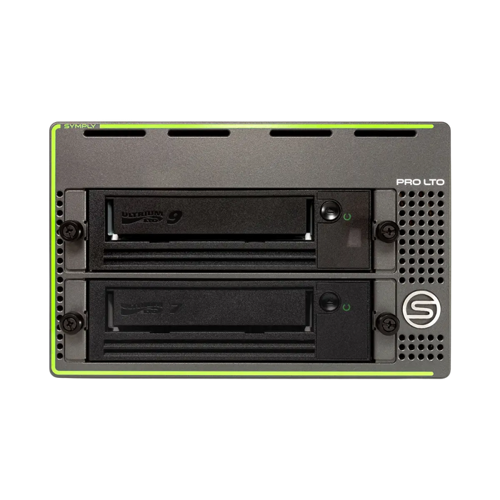 SymplyPRO XTH Thunderbolt black and green viewed from the front with LTO-7 in the bottom bay and LTO-9 in the upper bay