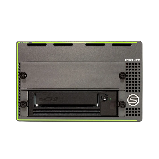 SymplyPRO XTH Thunderbolt black and green viewed from the front with inserted LTO-9 in the bottom bay